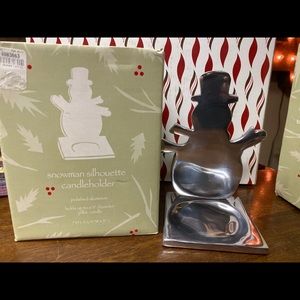 NEW - Pottery Barn TAG - SNOWMAN Silhouette Candleholder /Polished Aluminum 7”H